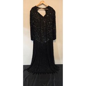 Vintage Ultra Design Silk Beaded and Sequined Black Dress with Beaded fringe